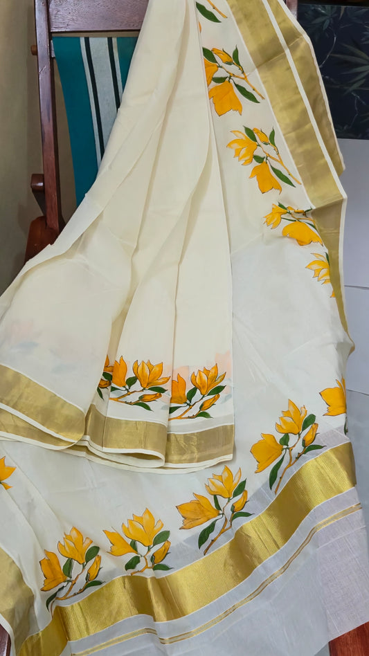 Onam special New kerala saree chempakam flower